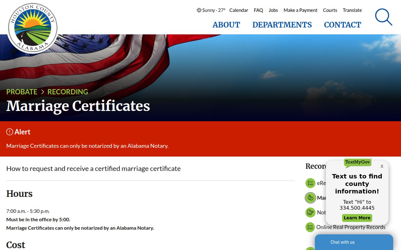 Houston County Probate Court marriage certificate information page