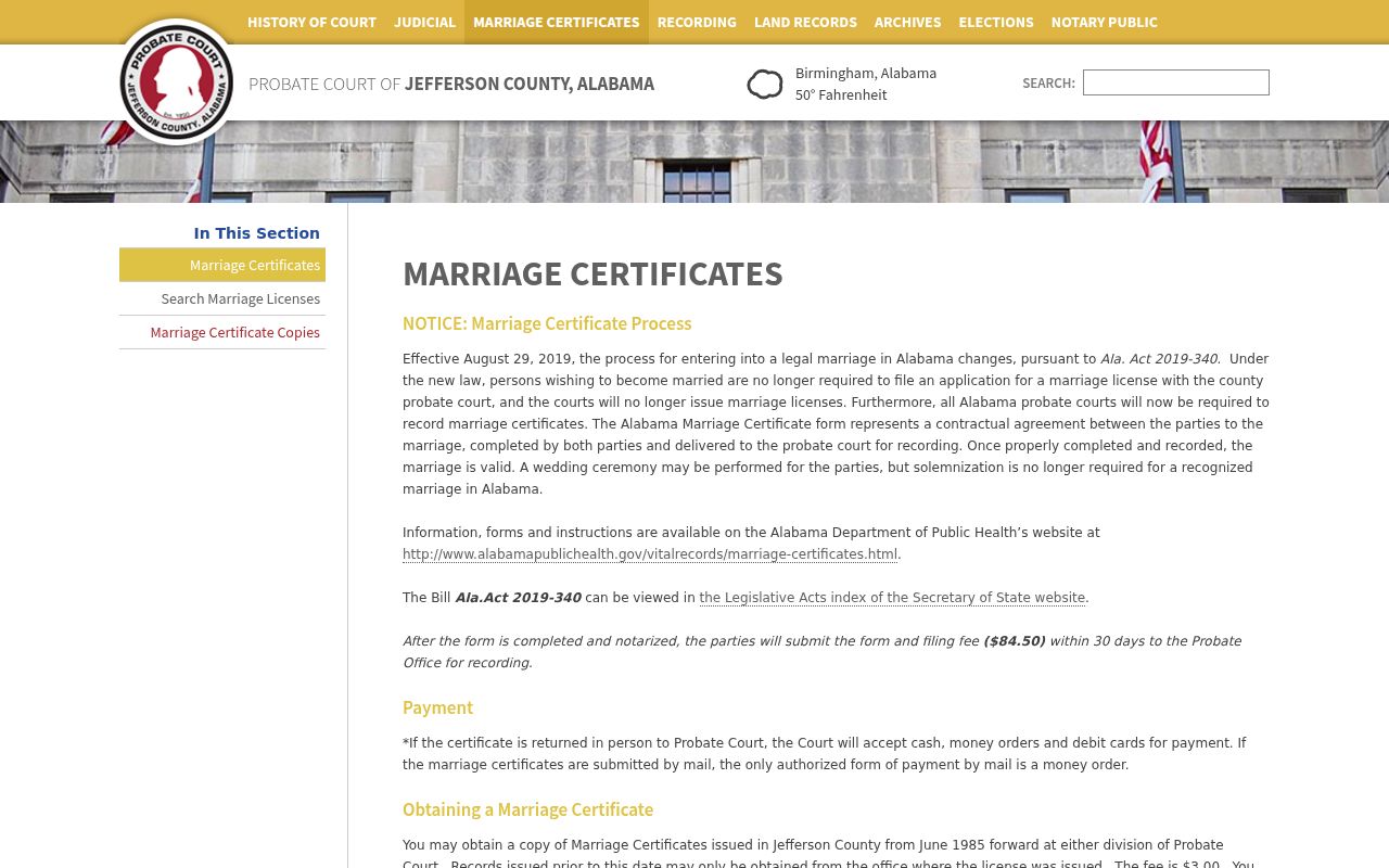 Jefferson County Probate Court marriage certificate information page