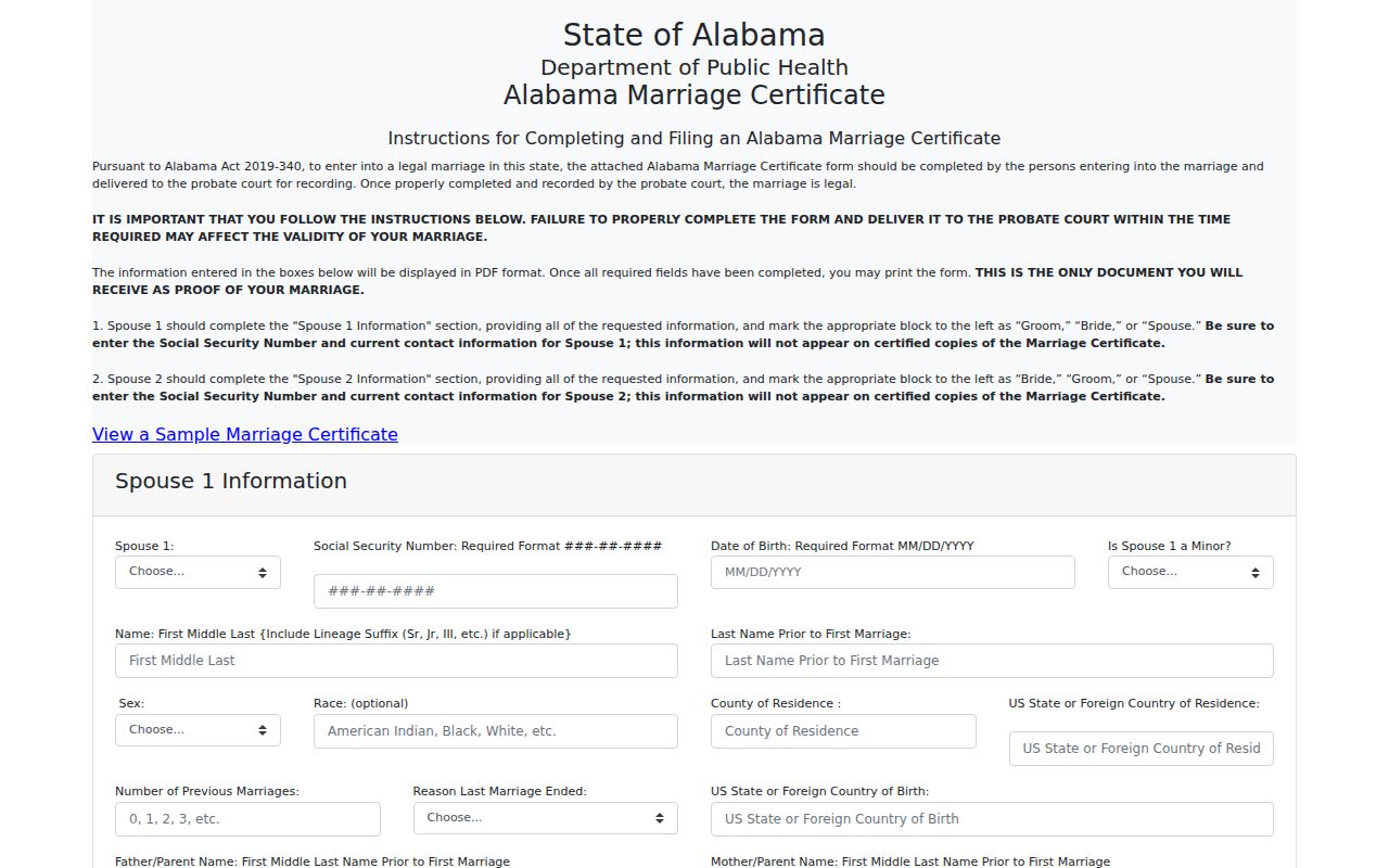 Alabama marriage certificate form portal for downloading the official form